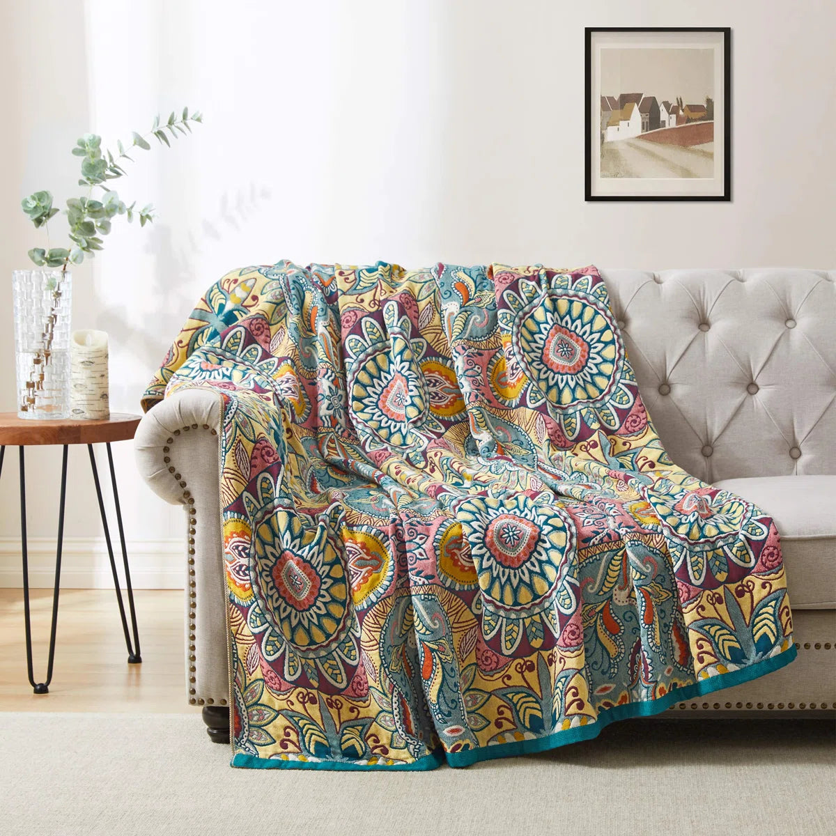 100% Natural Cotton Throw Blanket, Soft Breathable Woven Boho Throw for Couch, Sofa & Bed - Decorative Farmhouse Knit Blanket