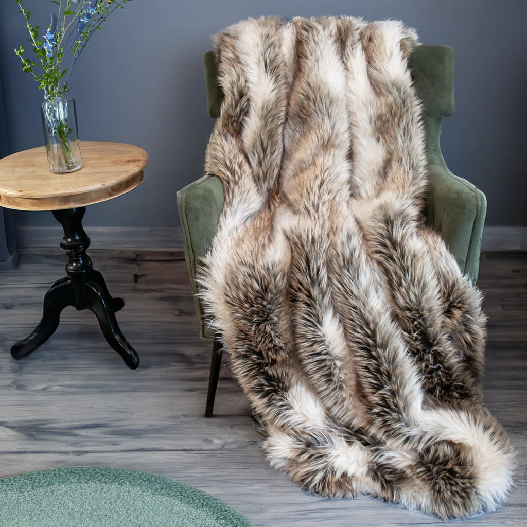 Italian Wolf Luxury Faux Fur Throw Blanket Assorted Sizes