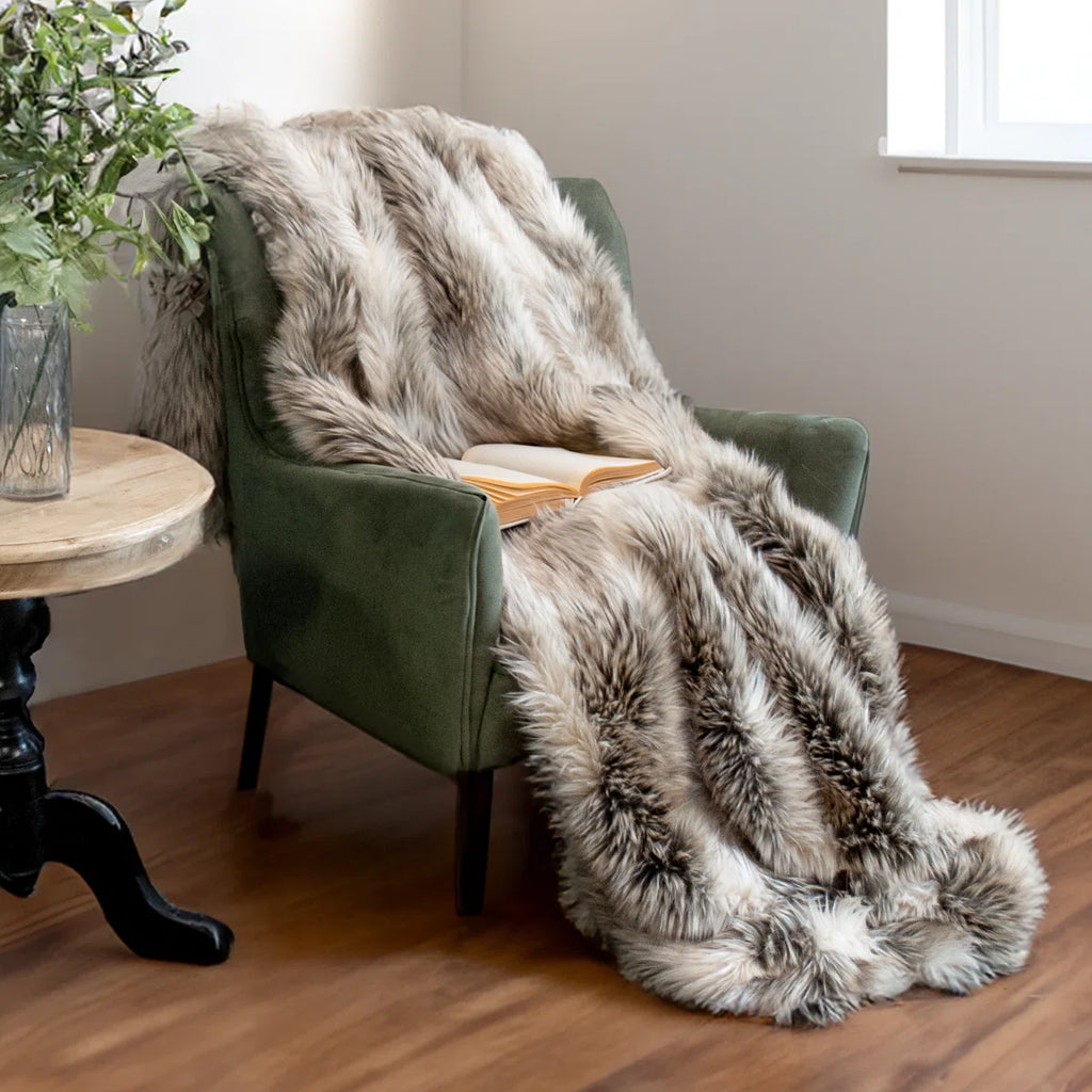 Italian Wolf Luxury Faux Fur Throw Blanket Assorted Sizes